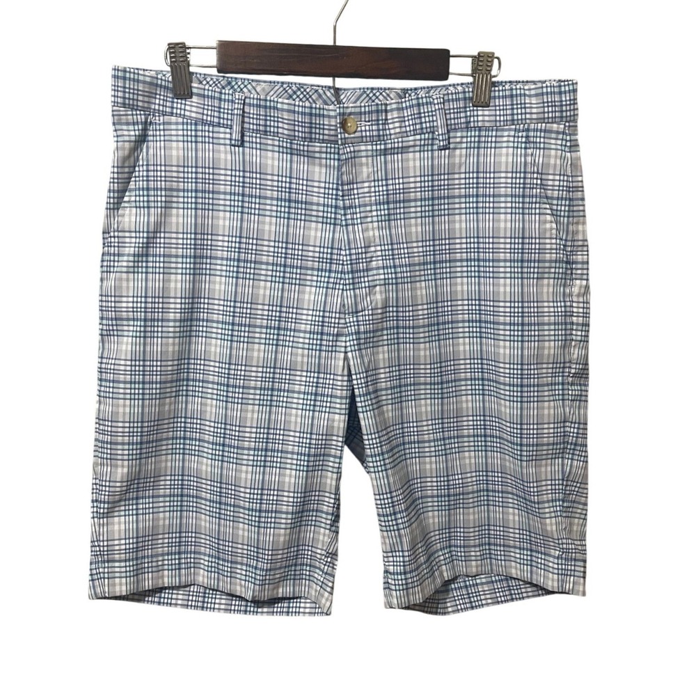 Greg Norman Mens Blue Grey Plaid Golf Shorts Size 36 Performance Flat Front